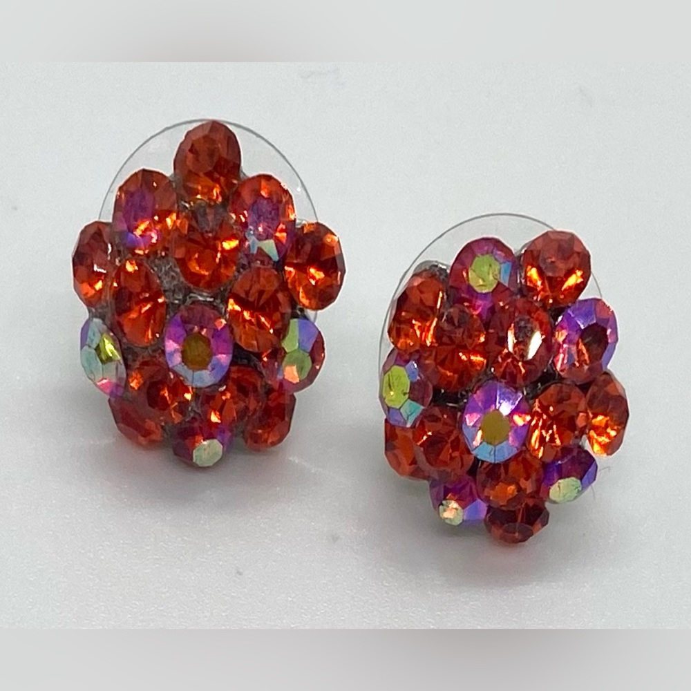 Black & Orange Red Rhinestone Bling Stud Earrings Retro Whimsigoth Fairy Party - Picture 6 of 13